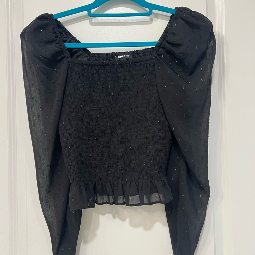 Express Black Puff Sleeve Smocked Blouse